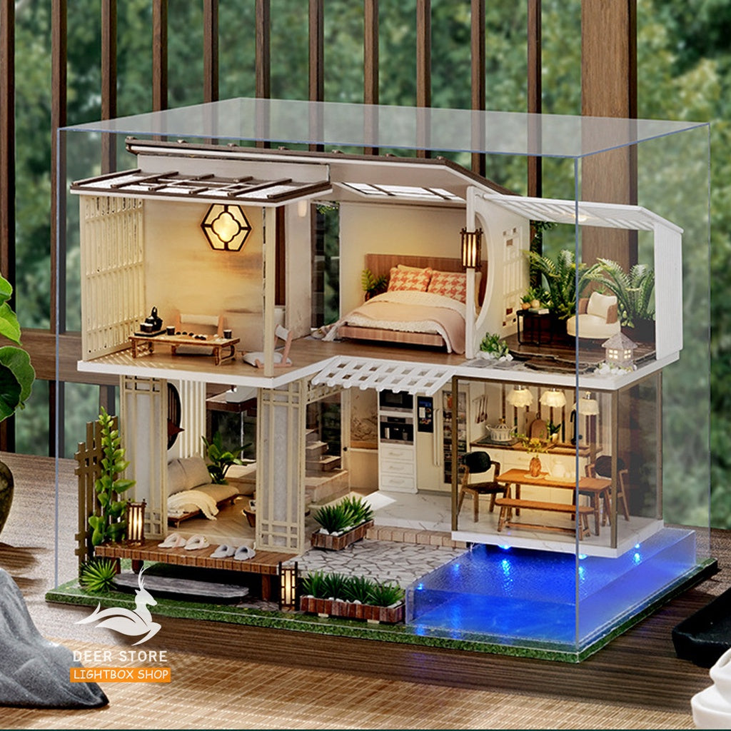Nhà búp bê DIY Biệt Thự Thanh lịch và Yên tĩnh | Mô hình gồm Đèn, Nội thất | A085 Tặng dụng cụ, kéo dán và CÓT NHẠC