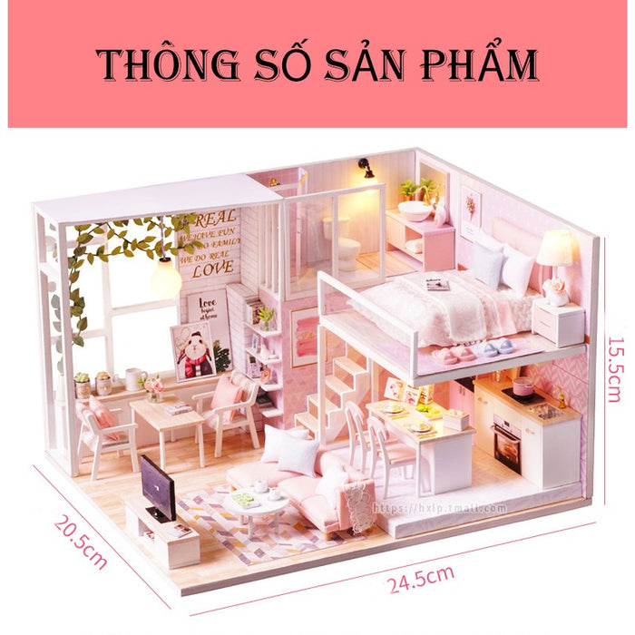 Nhà búp bê Tự làm bằng gỗ [Nhà có nội thất TRANQUIL LIFE & đèn LED] Tặng  KHUNG BẢO VỆ + DỤNG CỤ Và keo dán