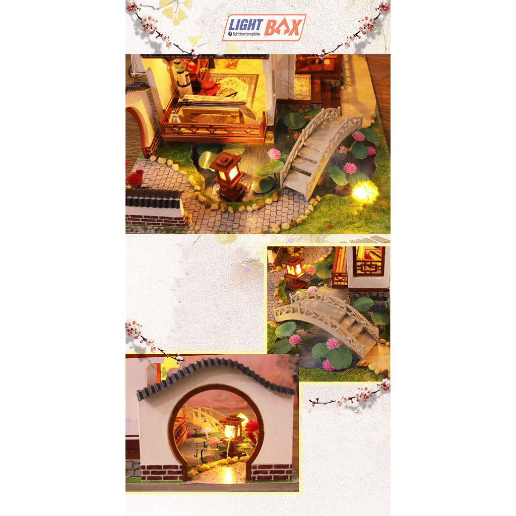 Nhà búp bê Tự làm bằng gỗ [Nhà TRIÊU HOA TỊCH THẬP có nội thất & đèn led ] Tặng kèm khung MICA + dụng cụ keo