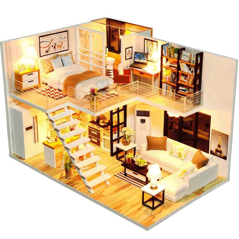 Nhà búp bê Tự làm bằng gỗ [Nhà có nội thất HAPPY TOGETHER & đèn LED] Tặng KHUNG BẢO VỆ + DỤNG CỤ