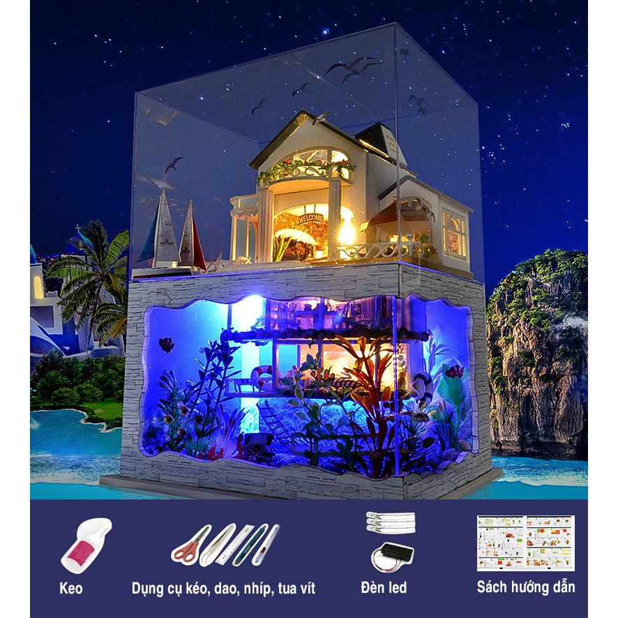 Nhà búp bê tự làm bằng gỗ Impressed Hawai (Tặng dụng cụ + khung bảo vệ). TC4