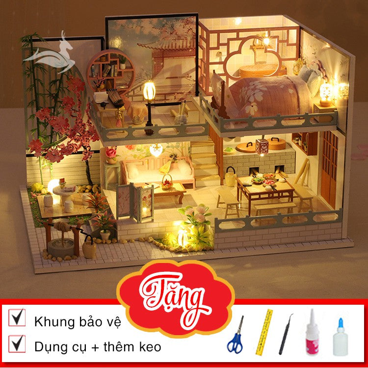 Nhà búp bê kiểu Nhật tự làm - Tặng KHUNG BẢO VỆ, dụng cụ và keo dán [Nhà có nội thất & đèn LED] M032