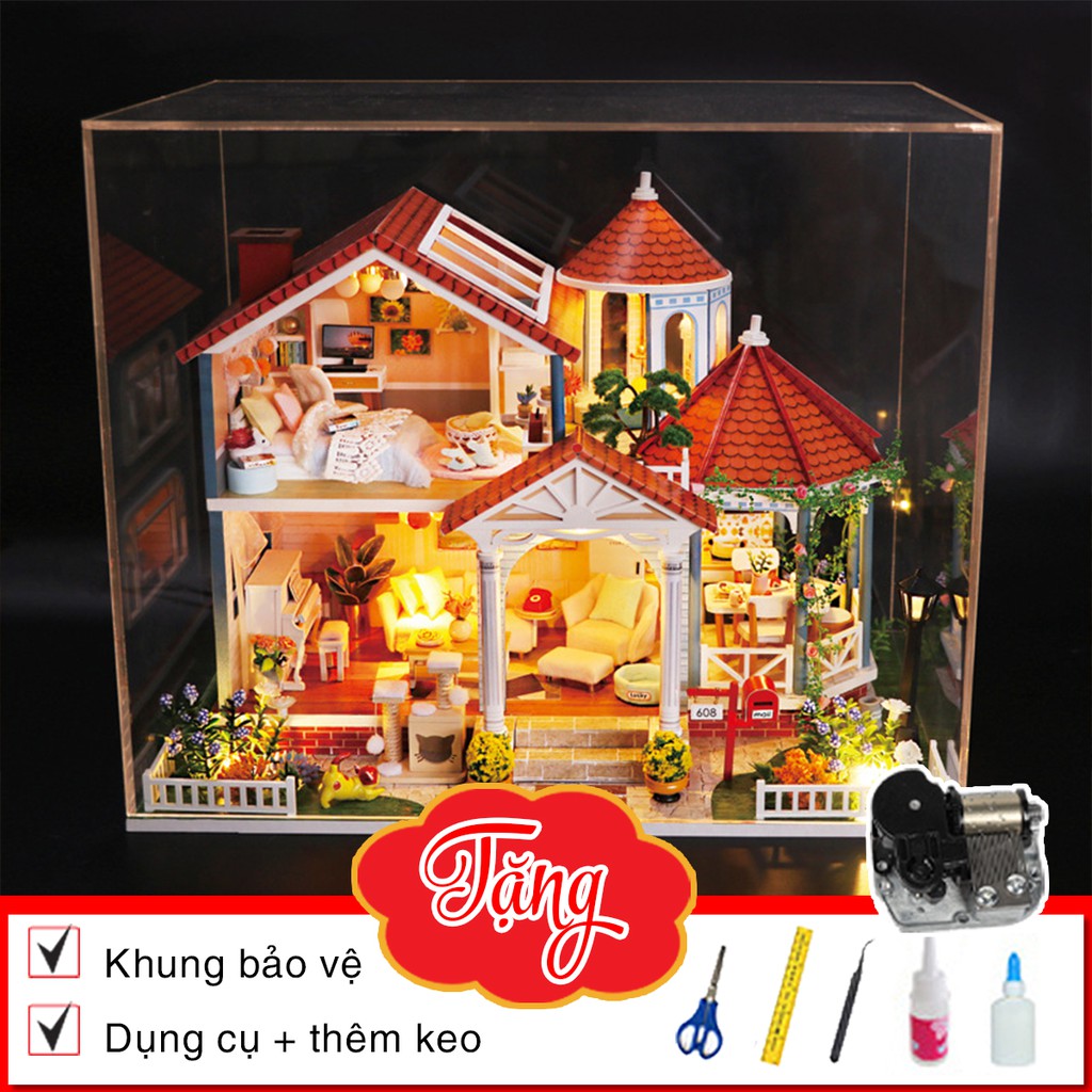 Nhà búp bê bằng gỗ | Tặng DỤNG CỤ, CÓT NHẠC VÀ KEO DÁN | Mô hình kiểu Âu và Mỹ