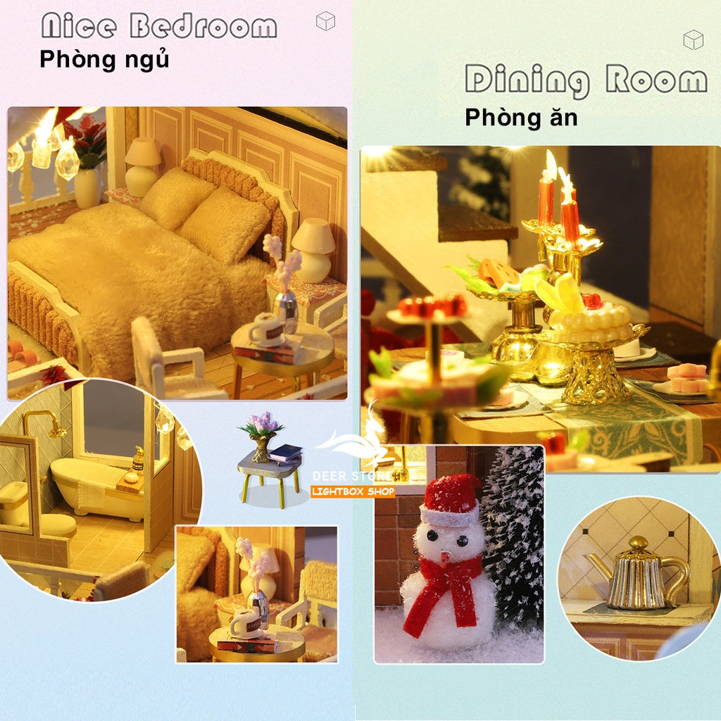 Nhà búp bê DIY. Mô hình nhà 3d | Quà tặng Noel tự làm | Tặng Bộ Trang Trí Giáng Sinh + Ông Già Noel + Búp bê + Hộp Nhạc