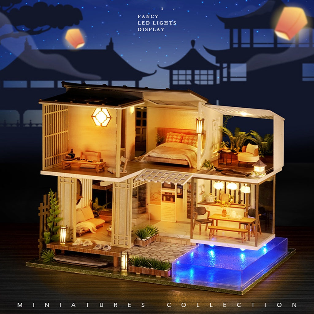 Nhà búp bê DIY Biệt Thự Thanh lịch và Yên tĩnh | Mô hình gồm Đèn, Nội thất | A085 Tặng dụng cụ, kéo dán và CÓT NHẠC