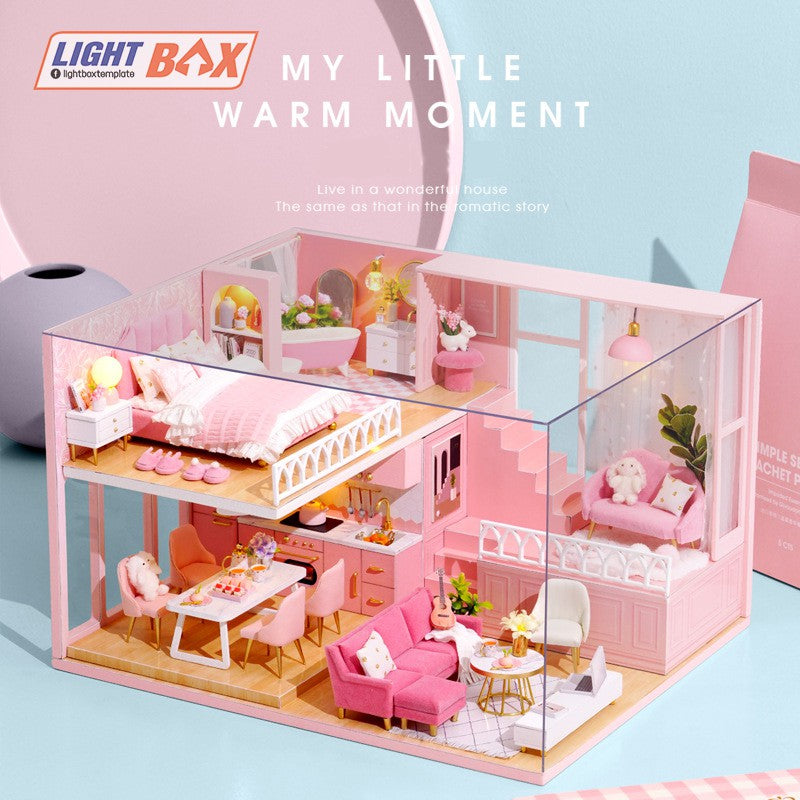 Nhà búp bê Tự làm bằng gỗ [Mô Hình có nội thất MY LITTLE WARM MOMENT+ đèn LED] Tặng kèm khung bảo vệ + Dụng cụ keo L030