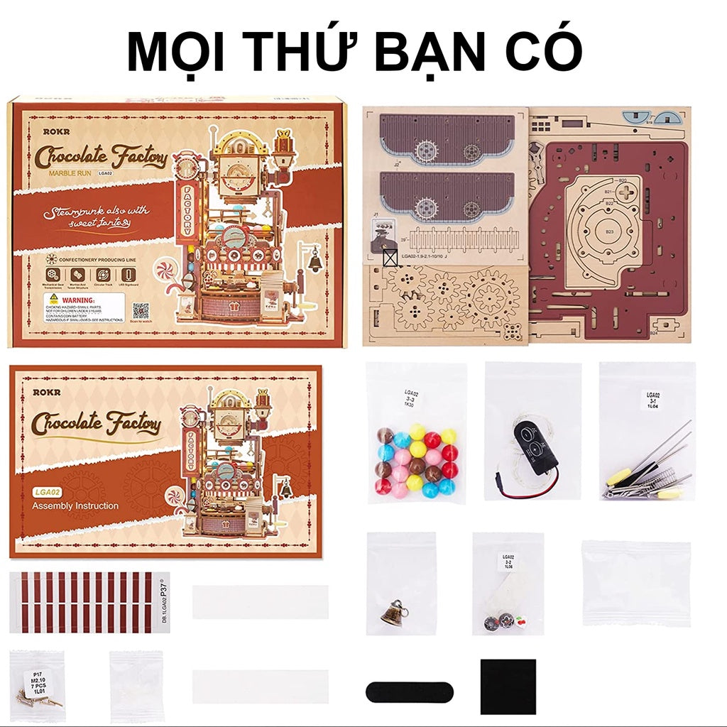 [Bản Tiếng Anh] Đồ chơi lắp ráp gỗ 3D Robotime Chocolate Factory. Có Đèn và Vòng Bi Quay Sử dụng bánh răng | LGA02