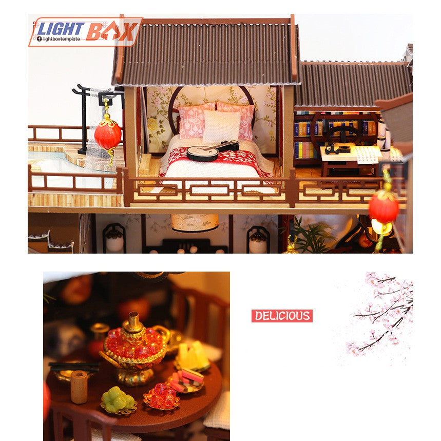 Nhà búp bê Tự làm bằng gỗ [Nhà có nội thất ĐẠI ĐƯỜNG CỔ TRẤN & đèn LED] Tặng khung bảo vệ + Dụng cụ. L905