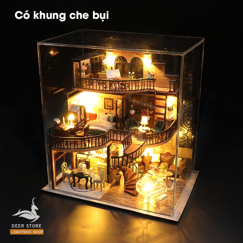 Nhà búp bê tự làm bằng gỗ Kiểu cổ điển Bungalow Retro. Tặng 3 Bình keo dán, Dụng Cụ và Đèn Led. Quà tặng ý nghĩa M2132