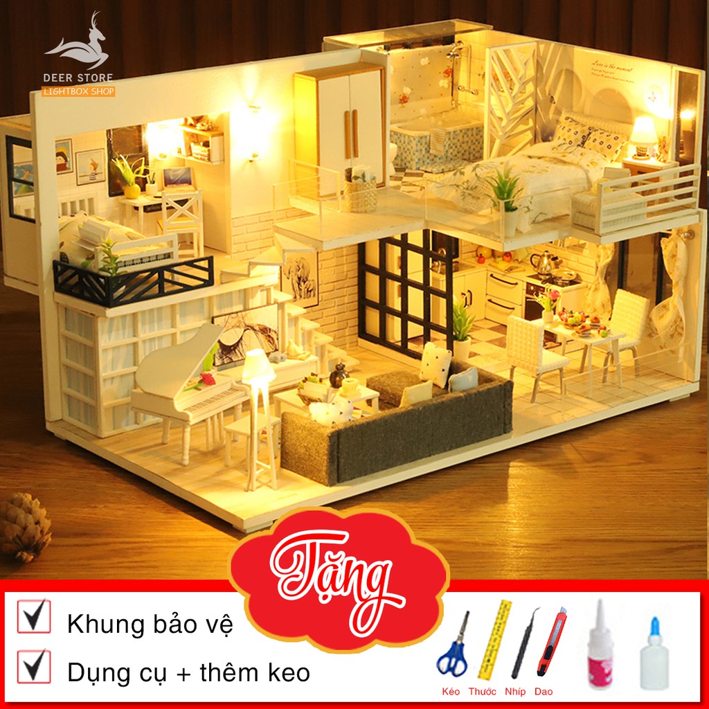 Nhà búp bê Tự làm bằng gỗ [Nhà có nội thất & đèn LED] Tặng KHUNG BẢO VỆ + Dụng cụ | SHINE YOUR WAY M021