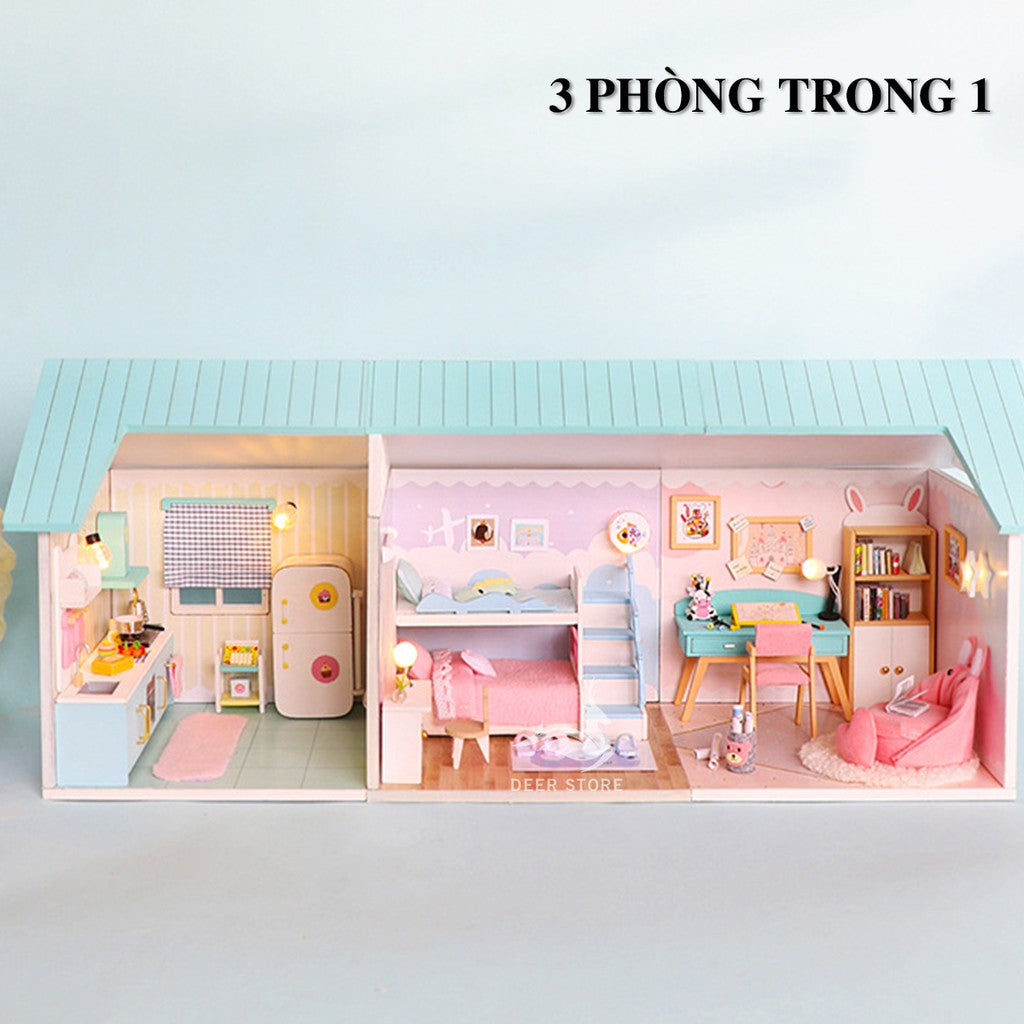 Nhà búp bê bằng gỗ DIY | Nhiều phòng và nội thất đèn led | Tặng dụng cụ keo dán. Tất cả đều có Mái Nhà. S2003