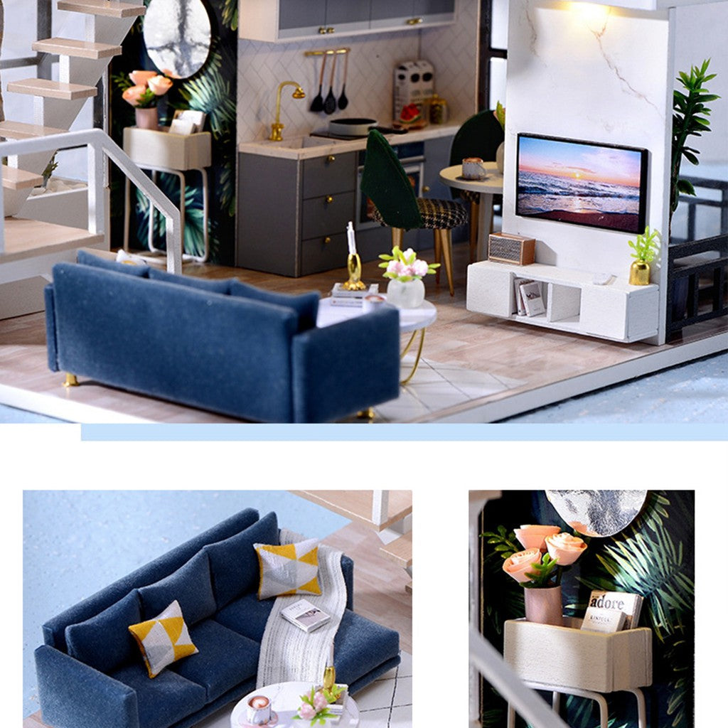 Nhà búp bê Tự làm bằng gỗ [Nhà mô hình có nội thất THE SATISFIED TIME & đèn LED] Tặng KHUNG BẢO VỆ, dụng cụ và keo. L032