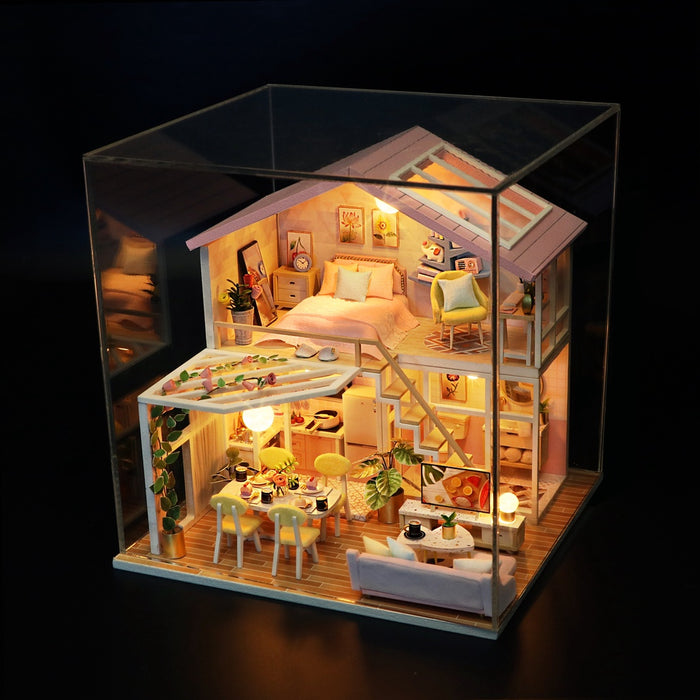 Nhà búp bê Tự làm bằng gỗ Diy [Nhà có nội thất & đèn LED] Tặng Dụng cụ + Keo dán | M2001