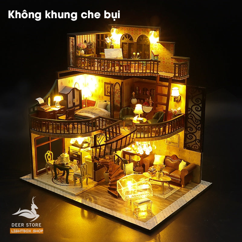 Nhà búp bê tự làm bằng gỗ Kiểu cổ điển Bungalow Retro. Tặng 3 Bình keo dán, Dụng Cụ và Đèn Led. Quà tặng ý nghĩa M2132