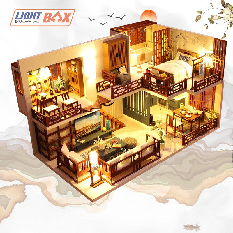 Nhà búp bê Tự làm bằng gỗ [Nhà có nội thất WOODEN HOUSE & đèn LED] Tặng KHUNG BẢO VỆ + DỤNG CỤ M025