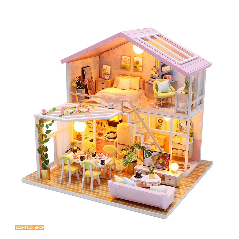 Nhà búp bê Tự làm bằng gỗ Diy [Nhà có nội thất & đèn LED] Tặng Dụng cụ + Keo dán | M2001