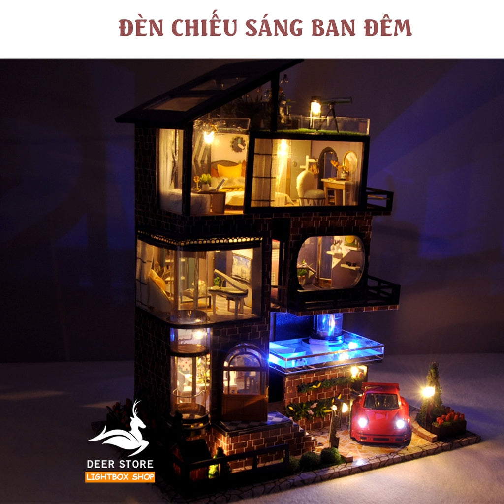 Nhà búp bê Biệt thự Châu Âu DIY | Mô hình có Nội thất, Đèn Led. Tặng DỤNG CỤ, CÓT NHẠC VÀ KEO DÁN. Xe Ô Tô Liên hệ TB21