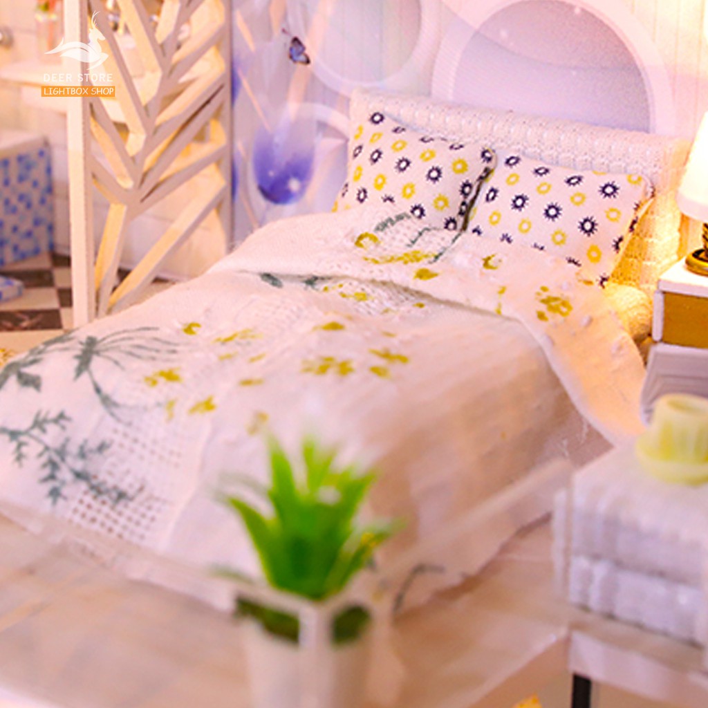 Nhà búp bê Tự làm bằng gỗ [Nhà có nội thất & đèn LED] Tặng KHUNG BẢO VỆ + Dụng cụ | SHINE YOUR WAY M021