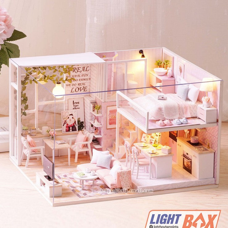 Nhà búp bê Tự làm bằng gỗ [Nhà có nội thất TRANQUIL LIFE & đèn LED] Tặng  KHUNG BẢO VỆ + DỤNG CỤ Và keo dán