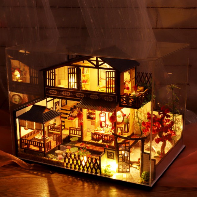 Nhà búp bê Tự làm bằng gỗ [Nhà có nội thất JAPANESE STYLE HOUSE & đèn LED & Âm nhạc] Tặng dụng cụ và keo