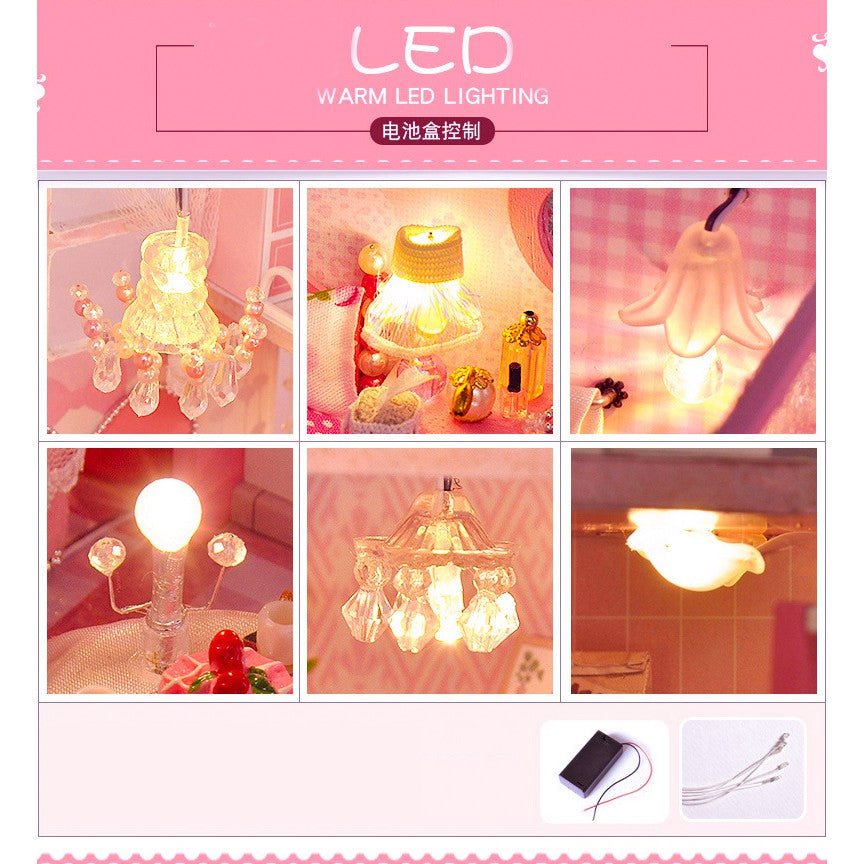 Nhà búp bê Tự lắp ráp món quà sinh nhật (Nhà có nội thất & đèn LED) - Tặng dụng cụ và khung bảo vệ