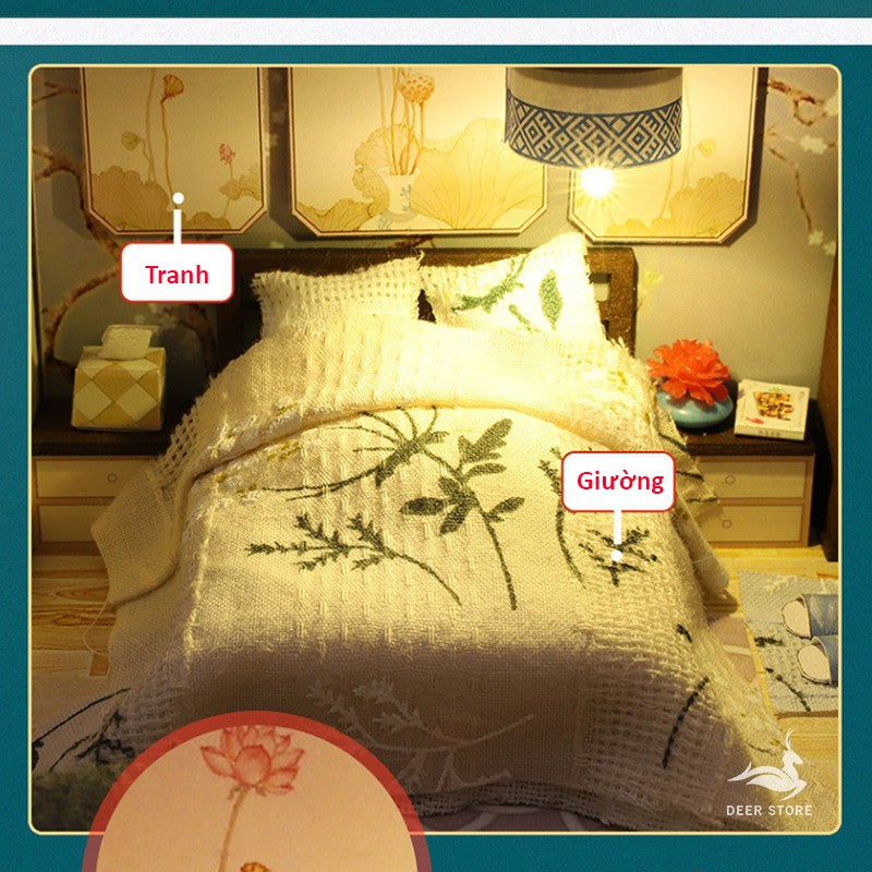 Nhà búp bê DIY tự lắp ráp Đầy đủ nội thật - Tặng khung bảo vệ, dụng cụ và keo - Đầy đủ nội thật và Đèn Led