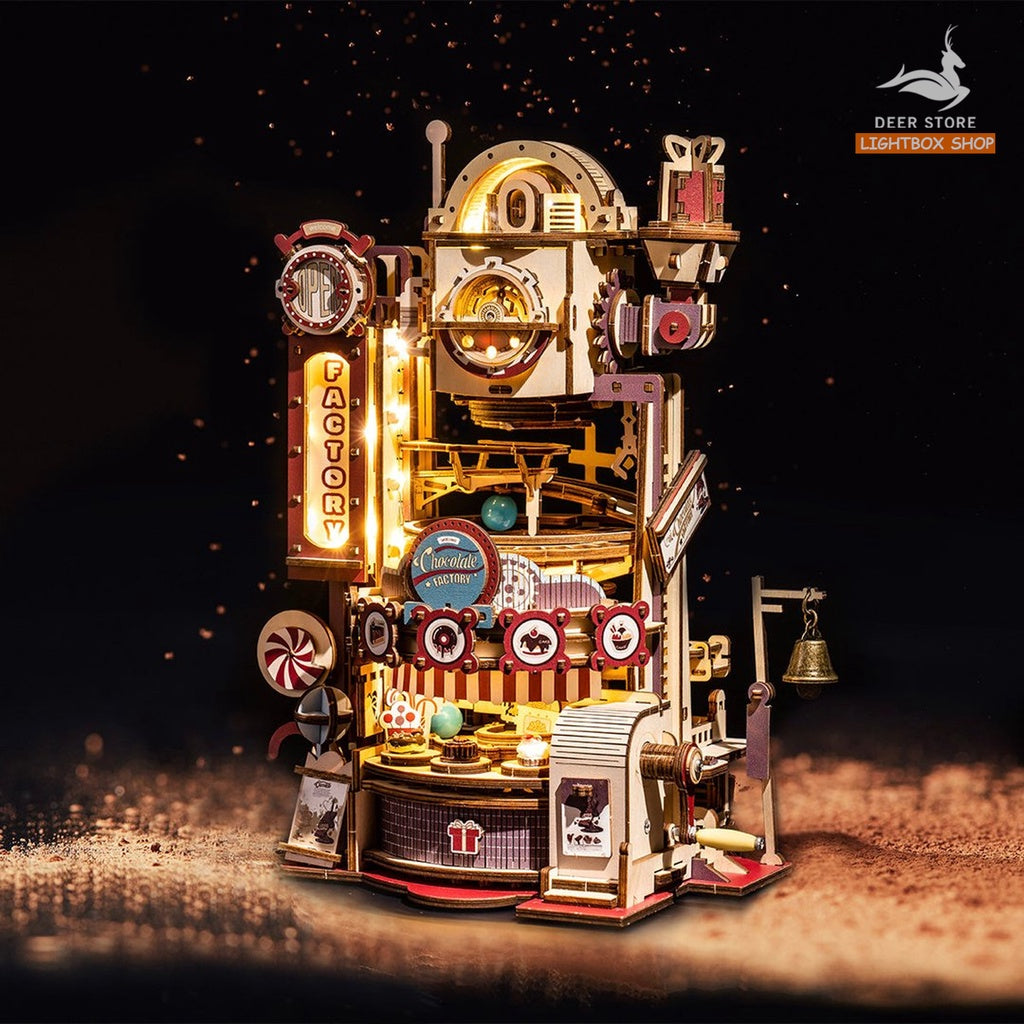 [Bản Tiếng Anh] Đồ chơi lắp ráp gỗ 3D Robotime Chocolate Factory. Có Đèn và Vòng Bi Quay Sử dụng bánh răng | LGA02