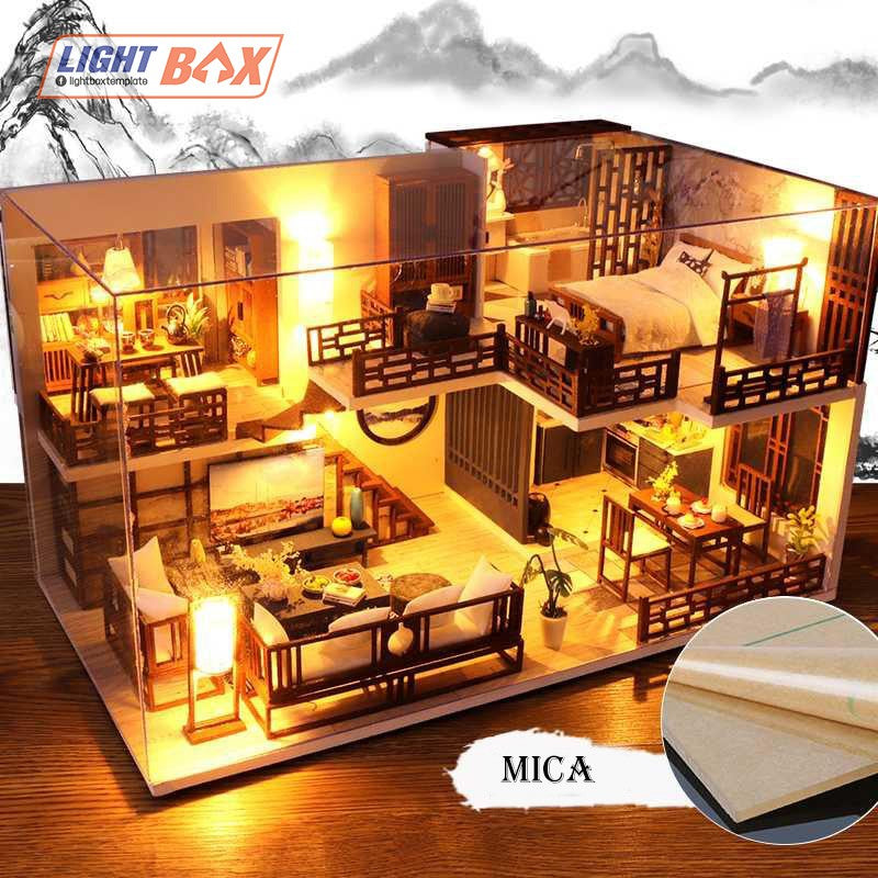 Nhà búp bê Tự làm bằng gỗ [Nhà có nội thất WOODEN HOUSE & đèn LED] Tặng KHUNG BẢO VỆ + DỤNG CỤ M025