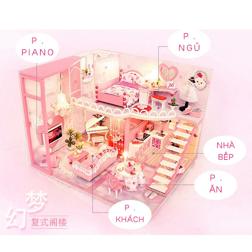 Nhà búp bê Tự lắp ráp món quà sinh nhật (Nhà có nội thất & đèn LED) - Tặng dụng cụ và khung bảo vệ