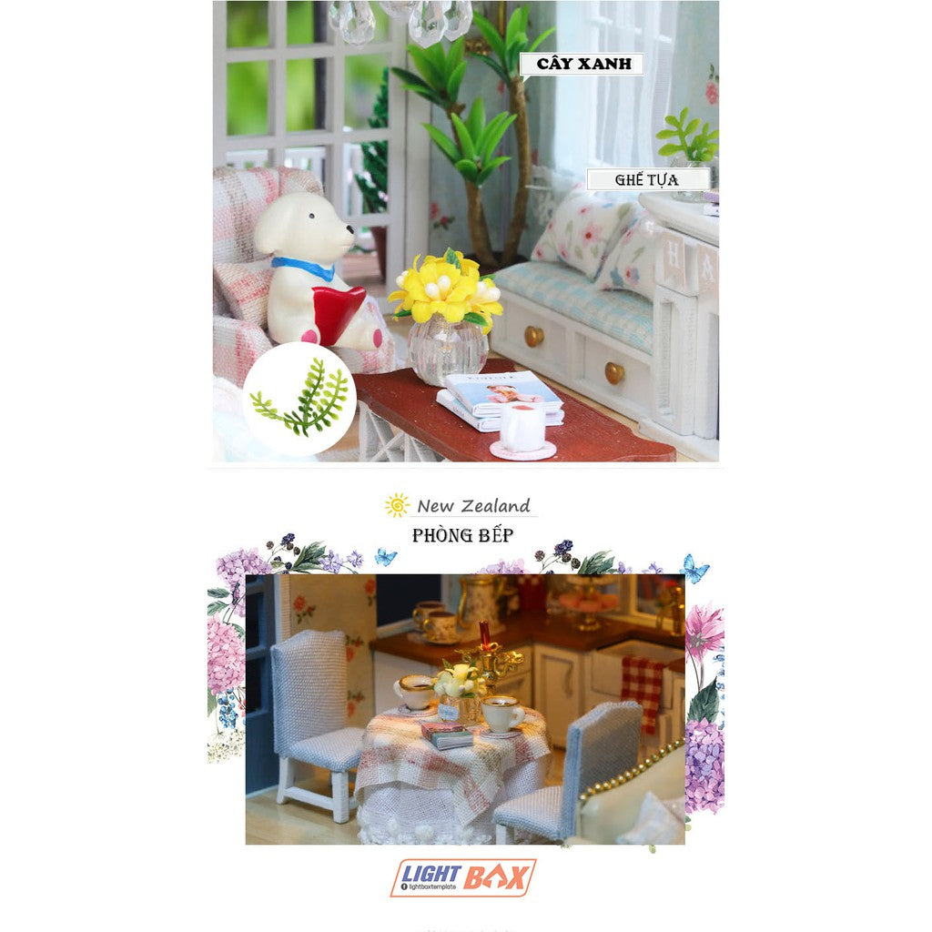 Nhà búp bê tự làm QWEENS TOWN - Tặng CÓT NHẠC, đèn LED và Khung bảo vệ MICA - XE HƠI - CHÓ CẢNH (FULL PHỤ KIỆN KEO)