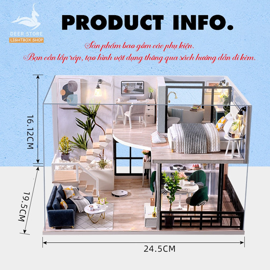 Nhà búp bê Tự làm bằng gỗ [Nhà mô hình có nội thất THE SATISFIED TIME & đèn LED] Tặng KHUNG BẢO VỆ, dụng cụ và keo. L032