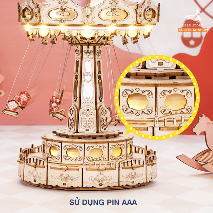 Đồ chơi lắp ráp ROKR Bằng gỗ 3D Swing Ride DIY Music Box. Hộp nhạc Robotime có Đèn và vòng quay tự động. EA02