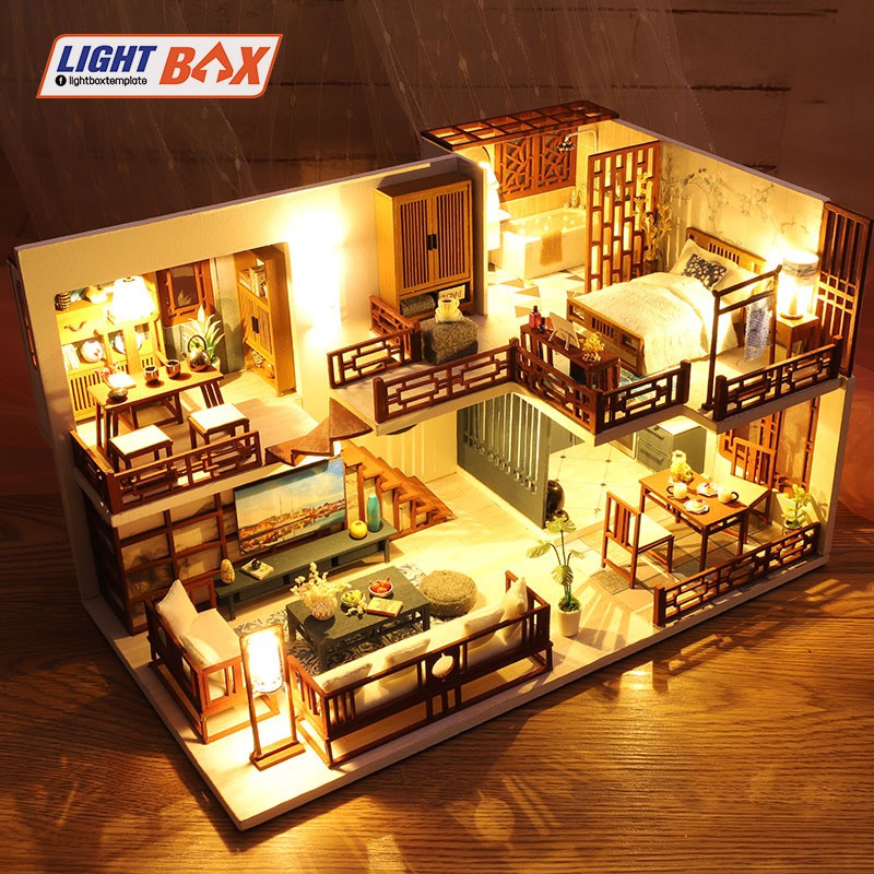 Nhà búp bê Tự làm bằng gỗ [Nhà có nội thất WOODEN HOUSE & đèn LED] Tặng KHUNG BẢO VỆ + DỤNG CỤ M025