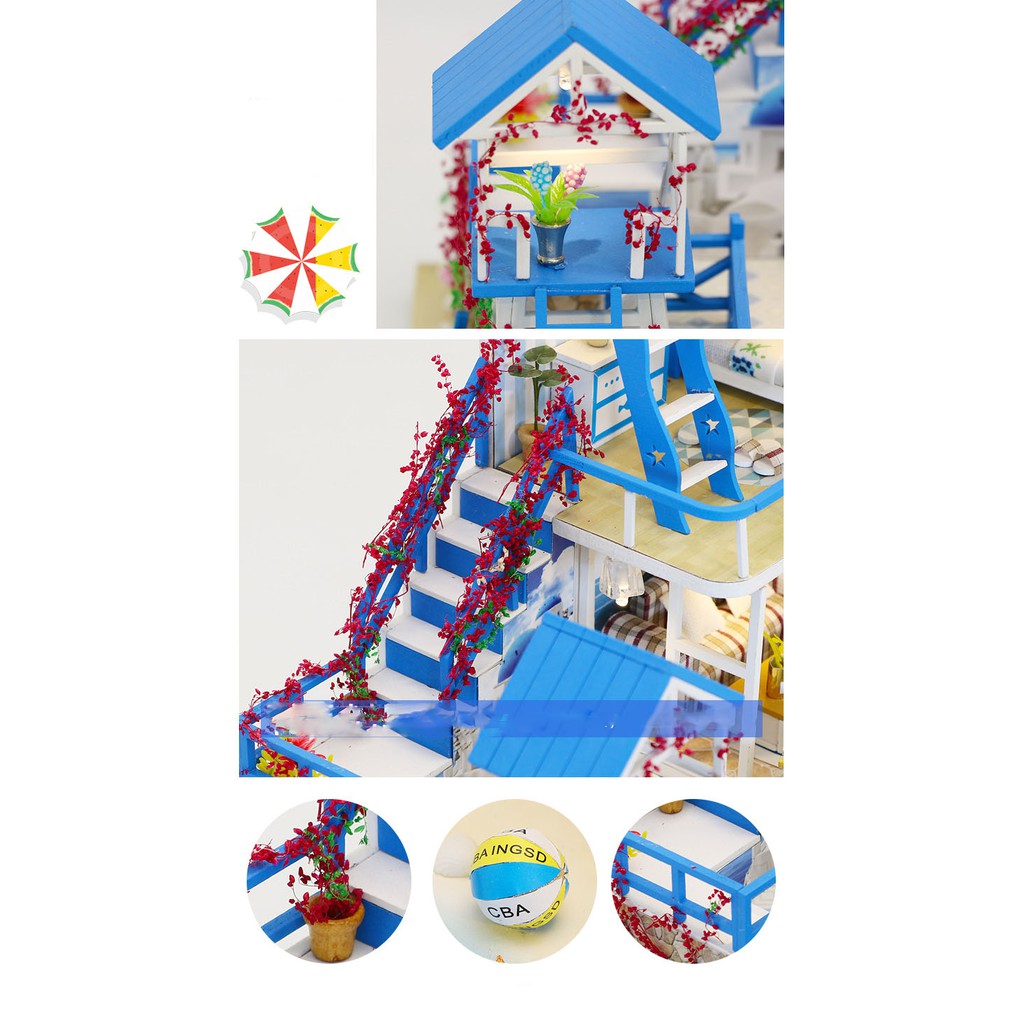 Nhà búp bê Tự làm bằng gỗ [Nhà ROMANTIC AEGEAN SEA có nội thất & đèn led ] Tặng kèm khung MICA + dụng cụ keo