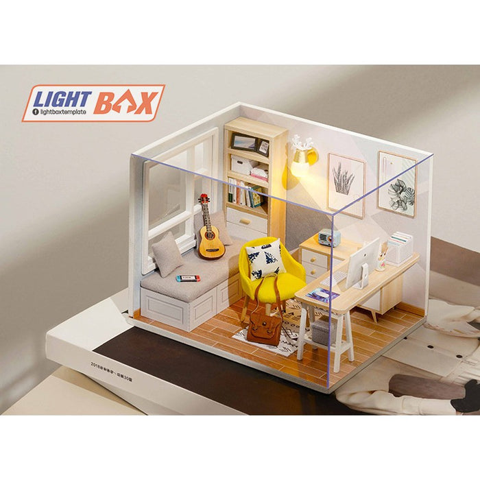 Nhà búp bê Tự làm bằng gỗ  STUDY ROOM có nội thất & đèn led.  Tặng khung MICA + Kéo Nhip Keo tỉ lệ