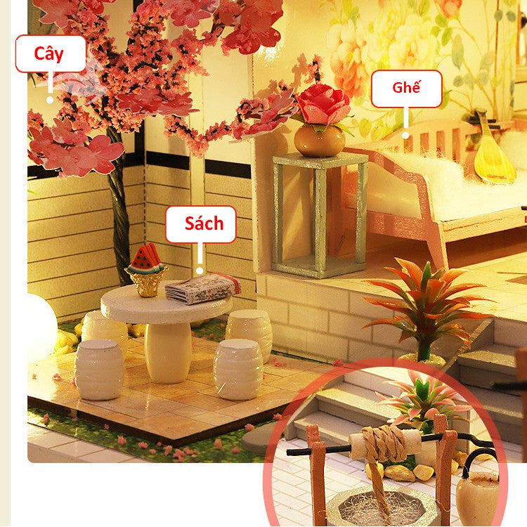 Nhà búp bê kiểu Nhật tự làm - Tặng KHUNG BẢO VỆ, dụng cụ và keo dán [Nhà có nội thất & đèn LED] M032
