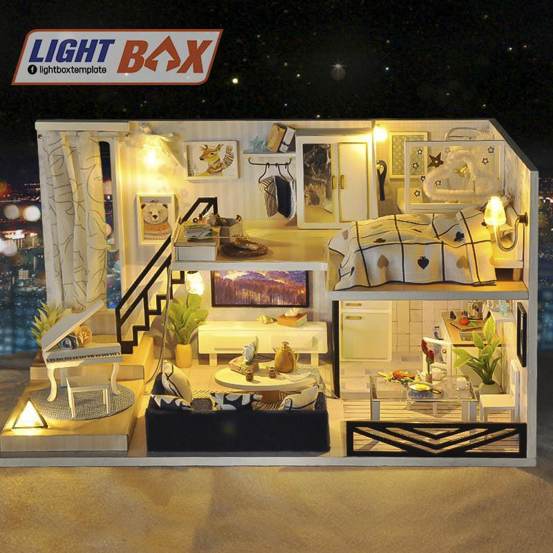 Nhà búp bê Tự làm bằng gỗ  [LIGHT SHADOW OF TIME + đèn LED ] Tặng kèm khung bảo vệ và dụng cụ keo. TD32
