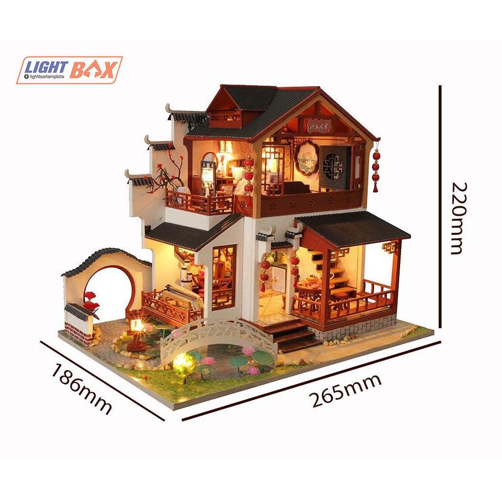 Nhà búp bê Tự làm bằng gỗ [Nhà TRIÊU HOA TỊCH THẬP có nội thất & đèn led ] Tặng kèm khung MICA + dụng cụ keo