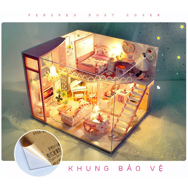 Nhà búp bê Tự lắp ráp món quà sinh nhật (Nhà có nội thất & đèn LED) - Tặng dụng cụ và khung bảo vệ