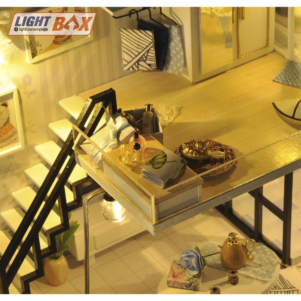 Nhà búp bê Tự làm bằng gỗ  [LIGHT SHADOW OF TIME + đèn LED ] Tặng kèm khung bảo vệ và dụng cụ keo. TD32