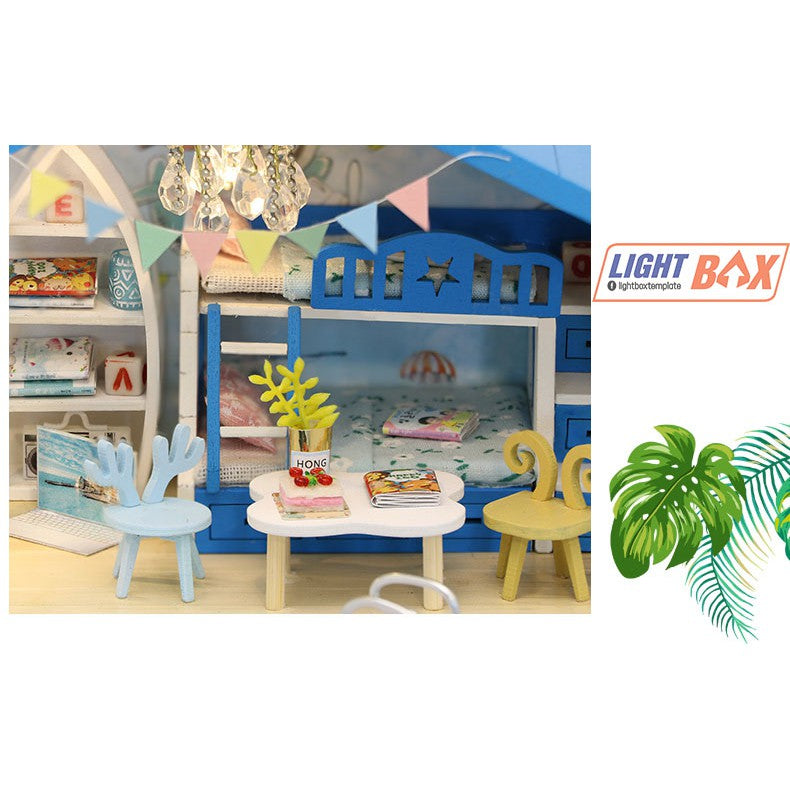Nhà búp bê Tự làm bằng gỗ [Nhà ROMANTIC AEGEAN SEA có nội thất & đèn led ] Tặng kèm khung MICA + dụng cụ keo