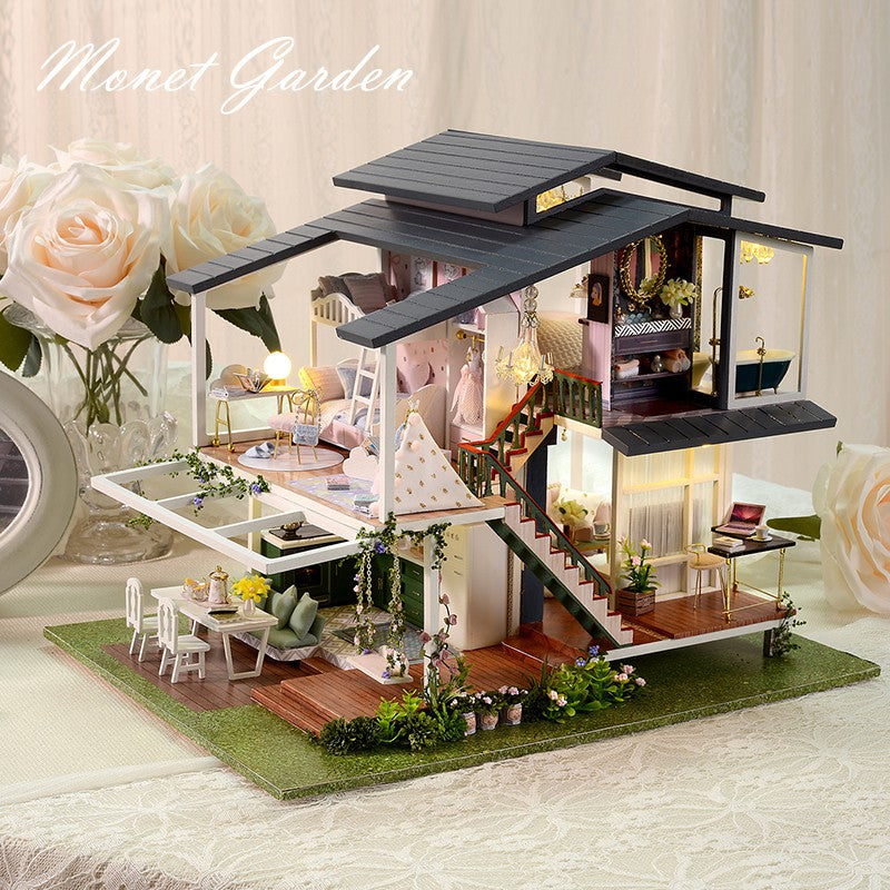Nhà búp bê DIY tự làm bằng gỗ - Tặng Cót nhạc và 3 Bình Keo Dán [Nhà có nội thất & đèn LED]  Monet Garden A081