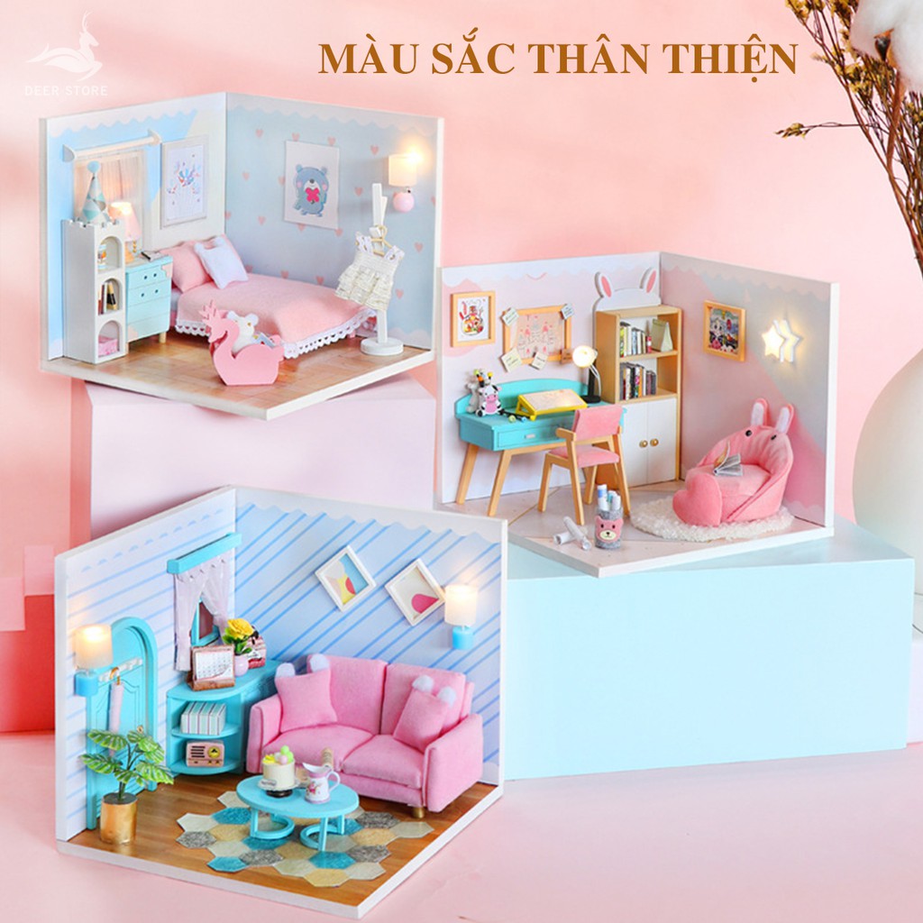 Nhà búp bê bằng gỗ DIY | Nhiều phòng và nội thất đèn led | Tặng dụng cụ keo dán. Tất cả đều có Mái Nhà. S2003