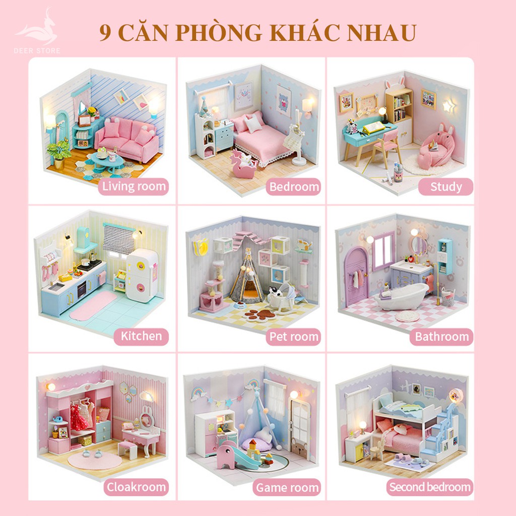 Nhà búp bê bằng gỗ DIY | Nhiều phòng và nội thất đèn led | Tặng dụng cụ keo dán. Tất cả đều có Mái Nhà. S2003