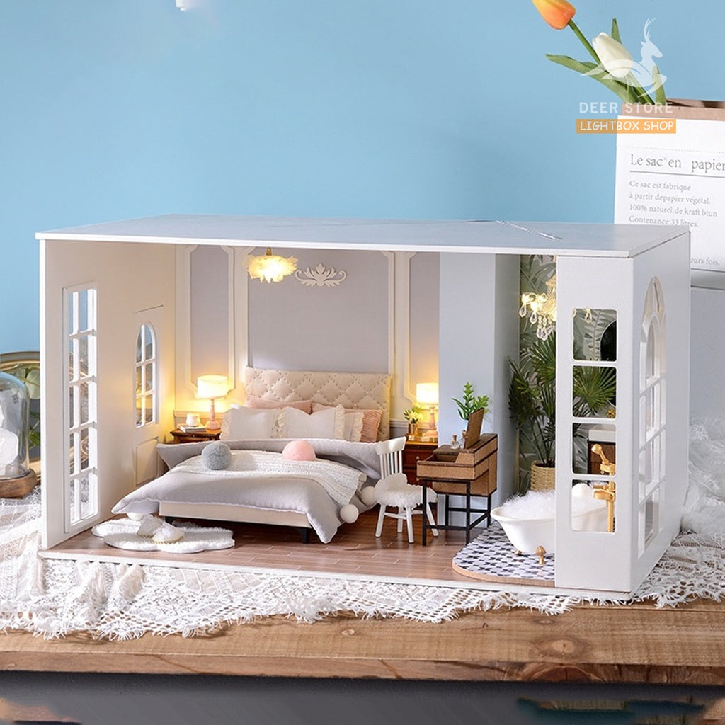 Nhà búp bê Tỉ Lệ 1:12 DIY bằng gỗ  | Phòng ngủ cho Búp bê Barbie, Tăng Khung Mica Che Bui, Dụng cụ và Keo dán.  BT-011