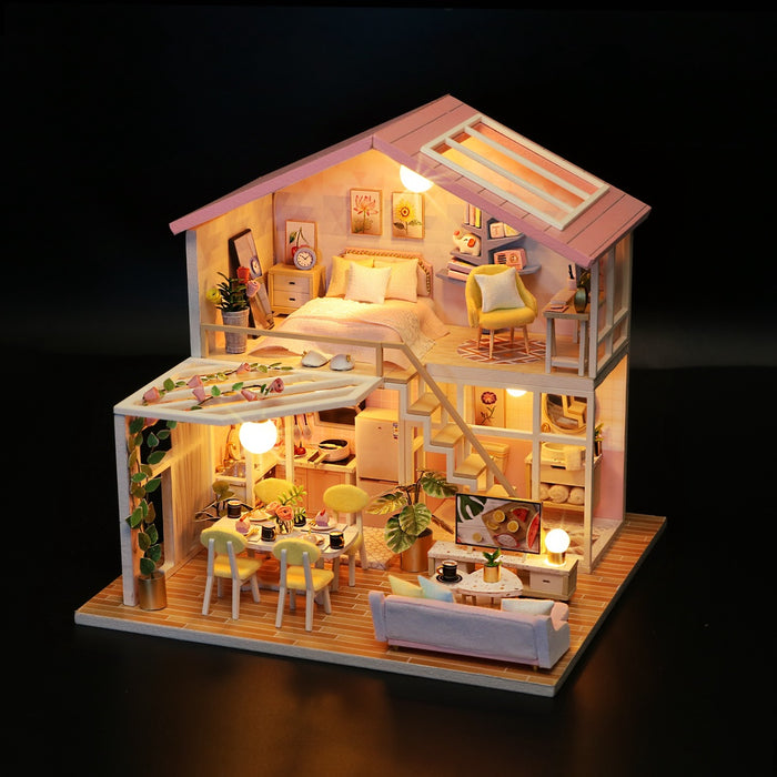 Nhà búp bê Tự làm bằng gỗ Diy [Nhà có nội thất & đèn LED] Tặng Dụng cụ + Keo dán | M2001