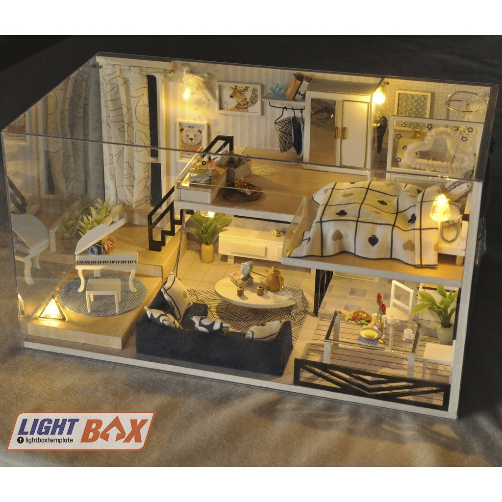 Nhà búp bê Tự làm bằng gỗ  [LIGHT SHADOW OF TIME + đèn LED ] Tặng kèm khung bảo vệ và dụng cụ keo. TD32