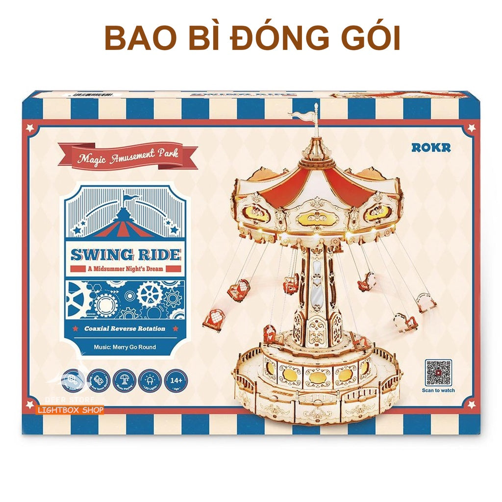 Đồ chơi lắp ráp ROKR Bằng gỗ 3D Swing Ride DIY Music Box. Hộp nhạc Robotime có Đèn và vòng quay tự động. EA02