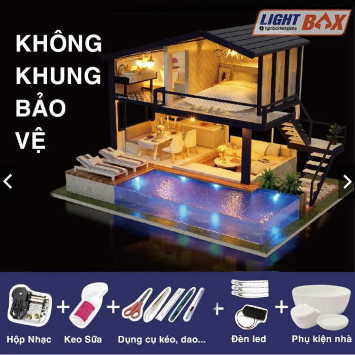 Nhà búp bê Tự làm bằng gỗ [Nhà có nội thất & đèn LED & Âm nhạc] Tặng dụng cụ và 2 bình keo | A066