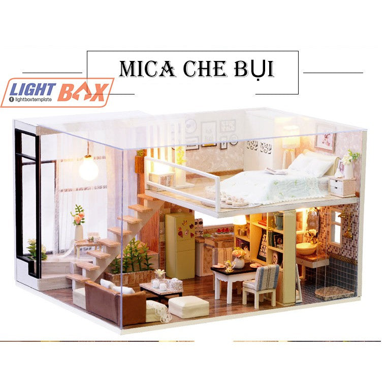 Nhà búp bê Tự làm bằng gỗ [Nhà có nội thất WAITING FOR THE TIME & đèn led ] Tặng khung MICA + dụng cụ keo | L020